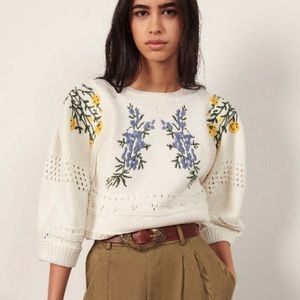 Ba&sh Miro Floral Embroidered Crochet Open Back 3/4 Sleeve Sweater Sz M